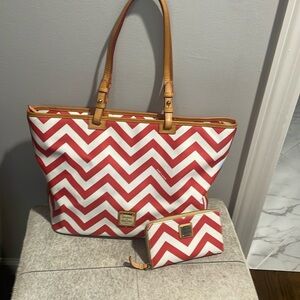 Red & white Dooney & Burke large handbag with wallet